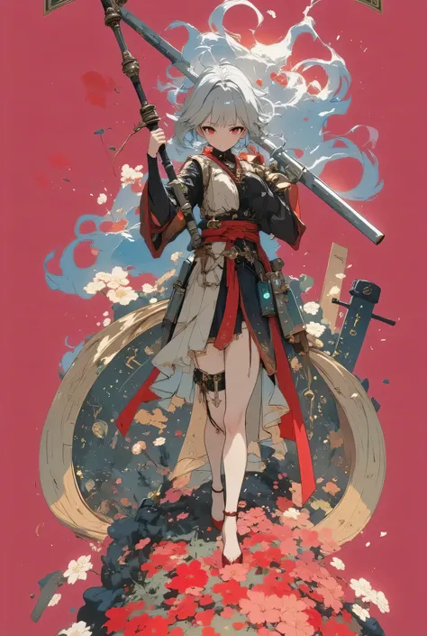 masterpiece,pictures,Highest Quality,8k,best quality,ultra-detailed,super detailed skin,perfect anatomy,detailed,official art,young woman,1girl,Oiran,( wielding a Japanese yari spear with great force:1.8),(from front),(Squat and spread your legs:1.3),(batt...
