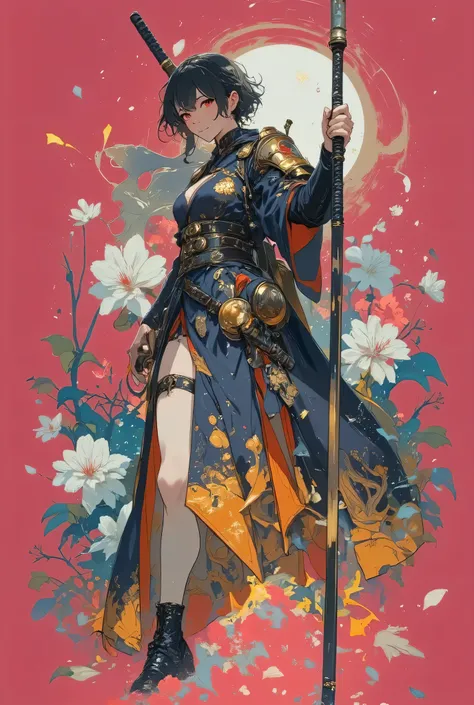 masterpiece,pictures,Highest Quality,8k,best quality,ultra-detailed,super detailed skin,perfect anatomy,detailed,official art,young woman,1girl,Oiran,( wielding a Japanese yari spear with great force:1.8),(from front),(Squat and spread your legs:1.3),(batt...