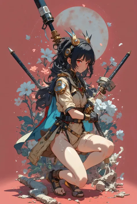 masterpiece,pictures,Highest Quality,8k,best quality,ultra-detailed,super detailed skin,perfect anatomy,detailed,official art,young woman,1girl,Oiran,( wielding a Japanese yari spear with great force:1.8),(from front),(Squat and spread your legs:1.3),(batt...