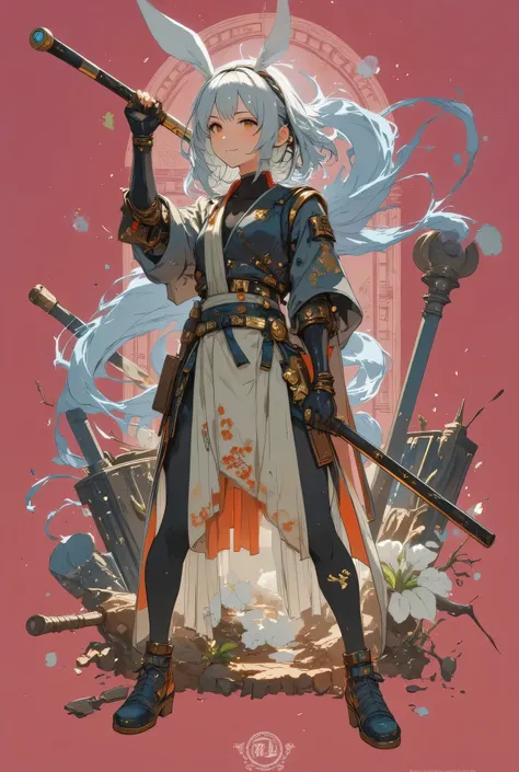 masterpiece,pictures,Highest Quality,8k,best quality,ultra-detailed,super detailed skin,perfect anatomy,detailed,official art,young woman,1girl,Oiran,( wielding a Japanese yari spear with great force:1.8),(from front),(Squat and spread your legs:1.3),(batt...