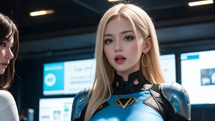 platinum blonde hairの若くて美しい金髪白人美女2人が離れて立つ, young and beautiful 18-year-old sci-fi twins , 2 beautiful Irish women with high noses, 2 beautiful young and beautiful Irish beauties with high noses, cyberpunk 2 women, high neck android suit, young and beautifu...