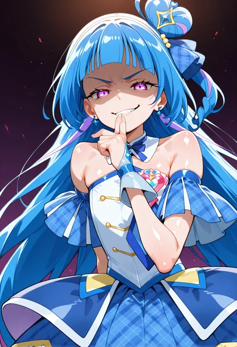 、 Look Down、from below、 break、Cure Wink、cure winks 、Idol Kimi and Idol Pretty Cure Blue Hair、Magical Girl、 mini crowns、purple eyes, blue dress ,slanted hat,very long hair,Dull bangs,bare shoulder,headband,,,nsfw,(evil smirk:1.5),lewd,最高品質,非常に詳細な画像,シングル,1人...