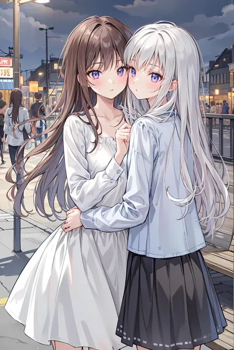 (masterpiece) attention to detail, masterpiece),(HD Images)couple in their 20's, female1名、{{kissu、Romance、 Sparkling atmosphere 、Glossy appearance、 night city ,female( brown medium length hair )close ~ eye、Sweet Sigh、male(Black messy hair、Y shirt, shirt)t...