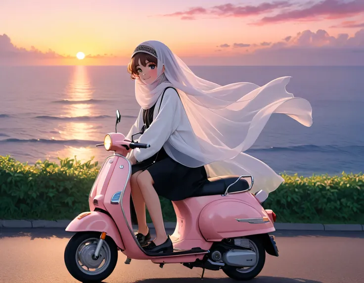   Muslim neqab girl、face veil,twin tails、muslim abaya black,smile , gold jewellery、along the coast、beautiful sunset、smileてピンクのスクーターに乗っている、close-up、Face Highlights、Seagulls are flying、夕暮れのalong the coast、髪が風に揺れている anime girl riding a pink scooter on a road ...