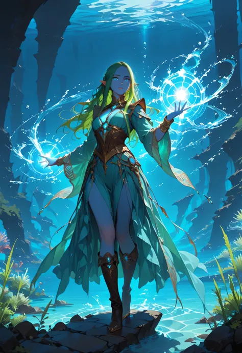 picture of a sea elf (intricate details, Masterpiece, best quality) water mage casting ((water control spell)), music wizard ((music magic, intense magic details)), ((controlling a swirling mass of magic music notes)), magical symbols, female sea elf, full...