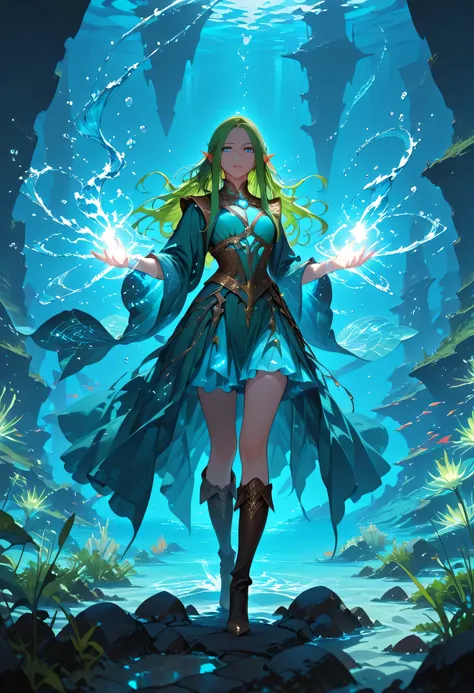 picture of a sea elf (intricate details, Masterpiece, best quality) water mage casting ((water control spell)), music wizard ((music magic, intense magic details)), ((controlling a swirling mass of magic music notes)), magical symbols, female sea elf, full...
