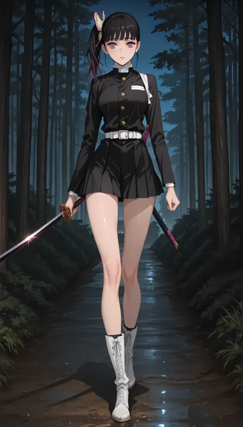 (masterpiece,best quality:1.2,amazing quality,very aesthetic,absurdres,newest),kimetsu_no_yaiba_style,tsuyuri kanao,1woman,(very small head:1.2),(ideal ratio body proportions:1.2),medium breasts,(slender body:1.3,skinny:1.2),side ponytail,(black uniform),w...