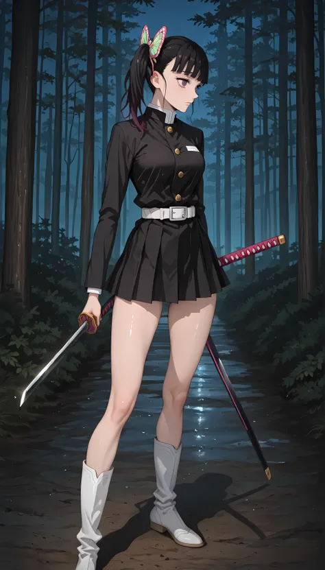 (masterpiece,best quality:1.2,amazing quality,very aesthetic,absurdres,newest),kimetsu_no_yaiba_style,tsuyuri kanao,1woman,(very small head:1.2),(ideal ratio body proportions:1.2),medium breasts,(slender body:1.3,skinny:1.2),side ponytail,(black uniform),w...