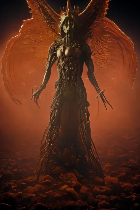 Archangel Michael stone statue in the middle of a dense huge dark  forest. Its overgrown and has a halo