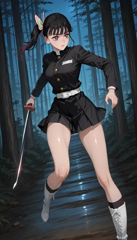 (masterpiece,best quality:1.2,amazing quality,very aesthetic,absurdres,newest),kimetsu_no_yaiba_style,tsuyuri kanao,1woman vs demon,(very small head:1.2),(ideal ratio body proportions:1.2),medium breasts,(slender body:1.3,skinny:1.2),side ponytail,(black u...
