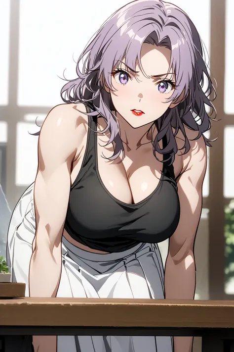 score 9 , score 8 up, score 7 up, source anime, masterpiece, best quality, high resolution, 1woman, Close-up of a woman with long purple hair, Muscular and strong, makeup, messy hair, lipstick, wavy hair, parted bangs, Brown eyed woman, solo, Classic Women...