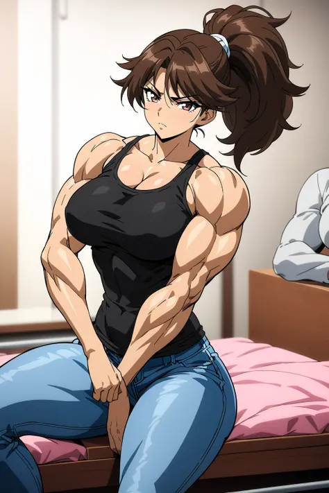 score 9 , score 8 up, score 7 up, source anime, masterpiece, Highest Quality, high resolution, 1woman, Close-up of a woman with short brown hair , Muscular and strong, Brown eyed woman, solo, Classic Women, big breasts, Strong muscles, very large breasts, ...