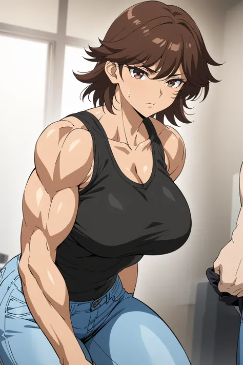 score 9 , score 8 up, score 7 up, source anime, masterpiece, Highest Quality, high resolution, 1woman, Close-up of a woman with short brown hair , Muscular and strong, Brown eyed woman, solo, Classic Women, big breasts, Strong muscles, very large breasts, ...