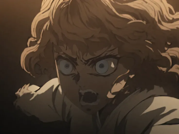 1 girl, solo, light brown hair, short wavy hair, no bangs, dark blue eyes, white clothes, Demon Slayer anime style, fights a demon, powerful, epic moment, rage, side view