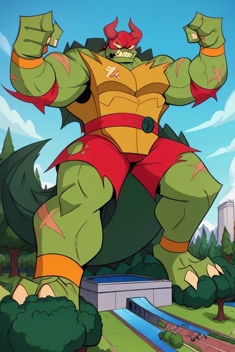 A big bad green radioactive giant evil strong muscular evil weredragon monster attacking a castle, green scale skin, golden pectorals, golden abs, sharp teeth, sharp claws, scars on the body and his eyes, angry expression, angry green eyebrows, 2 big dark ...