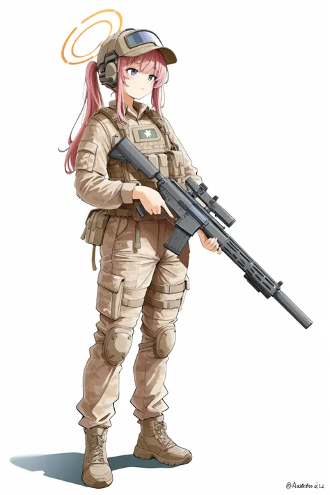high resolution、High Quality、girl   、 white background  、Automatic rifle、solo、full body、uniform