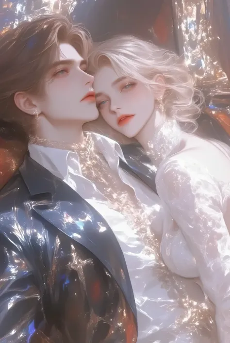  couple , Young woman, , young man, a handsome guy, handsome, ผู้หญิงbeautiful, beautiful, strong looking, soft features, Big-eyed woman, cute, Brown Haired Man, brown eyes, Man wearing stylish suit, woman in white dress resting, leaning back on a leather ...
