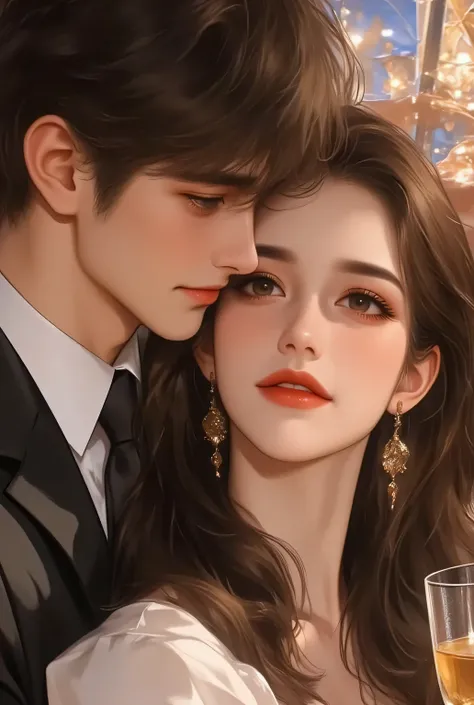 couple , Young woman, , young man, a handsome guy, handsome, ผู้หญิงbeautiful, beautiful, strong looking, soft features, Big-eyed woman, cute, Brown Haired Man, brown eyes, Man wearing stylish suit, woman in white dress resting, leaning back on a leather ...