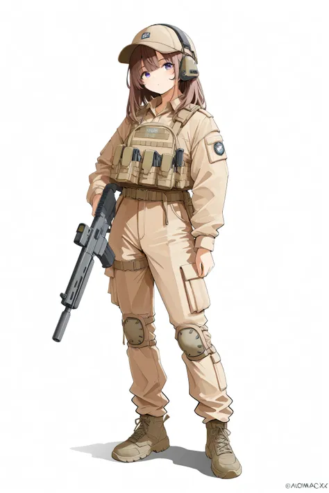 high resolution、High Quality、girl   、 white background  、Automatic rifle、solo、full body、uniform