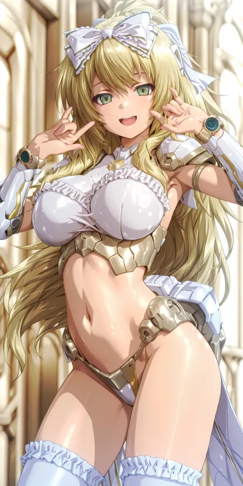 Durga II、smile,open your mouth、Watch Viewers、standing pose like an 18 year old,,green eyes,blonde long hair、big breasts、(anime coloring)、
(masterpiece,Highest Quality、ultra detail)、white head ribbon、 frill、T-back armor、white thigh high socks