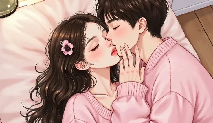 A semi-realistic manhwa-style illustration of a young woman lying in bed, pretending to sleep. A handsome young man leans down, pressing a soft kiss on her lips with trembling hands. Douyin-style makeup, glossy pink lips, her eyelashes flutter slightly. Di...