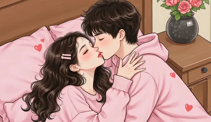 A semi-realistic manhwa-style illustration of a young woman lying in bed, pretending to sleep. A handsome young man leans down, pressing a soft kiss on her lips with trembling hands. Douyin-style makeup, glossy pink lips, her eyelashes flutter slightly. Di...