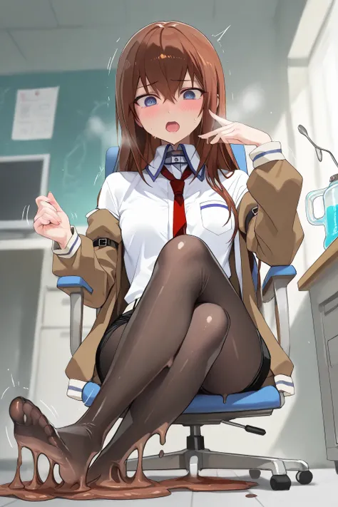 1girl, adult Makise Kurisu, makise kurisu outfit, black pantyhose, red tie, slimify transformation, translucent slimegirl:1.0, full body slimify:1.0, melting:1.0, implied sex, shuddering, full body, (motion lines:1.2),
BREAK slimegirl, slimify outfit:1.0, ...