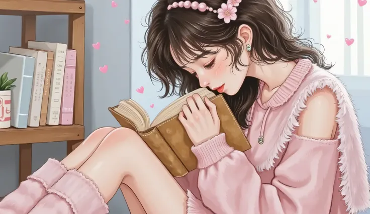 A semi-realistic manhwa-style scene of a young woman sitting alone on the floor, an old diary opened on her lap, tears blurring her vision. Douyin-style makeup, glossy pink lips trembling, messy hair. Soft nostalgic lighting, faded pastel colors, emotional...