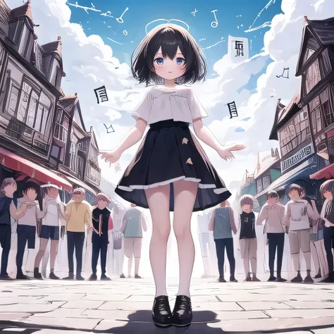 A girl stands in the middle of the town where musical notes dance in the sky