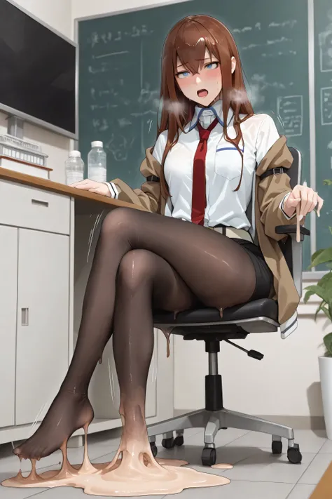 1girl, adult Makise Kurisu, makise kurisu outfit, black pantyhose, red tie, slimify transformation, translucent slimegirl:1.0, full body slimify:1.0, melting:1.0, implied sex, shuddering, full body, (motion lines:1.2),
BREAK slimegirl, slimify outfit:1.0, ...