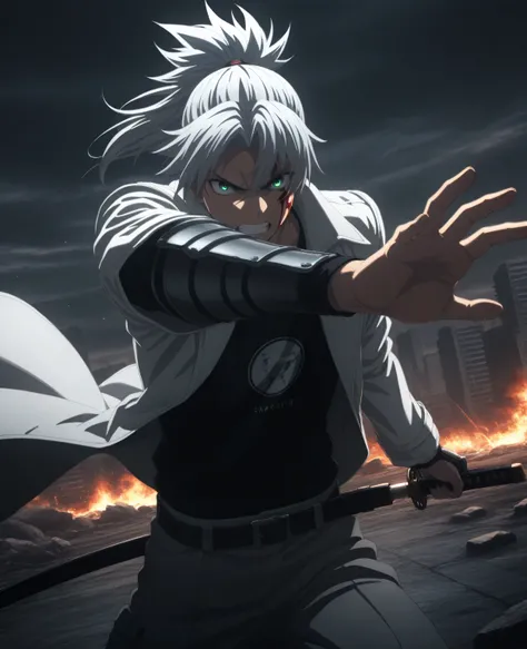 high resolution , masterpiece , necessary details , best quality , high quality , High details , Precise details , Ufotable style, ufotable anime, 1man, male focus, adult man, silver hair, middle parting hair, strands of hair falling to the forehead, long ...