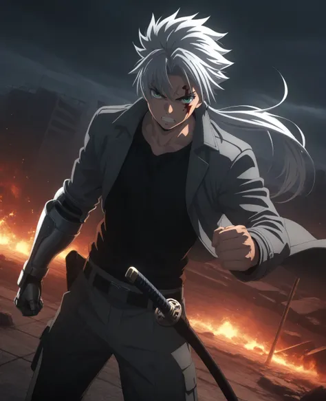 high resolution , masterpiece , necessary details , best quality , high quality , High details , Precise details , Ufotable style, ufotable anime, 1man, male focus, adult man, silver hair, middle parting hair, strands of hair falling to the forehead, long ...