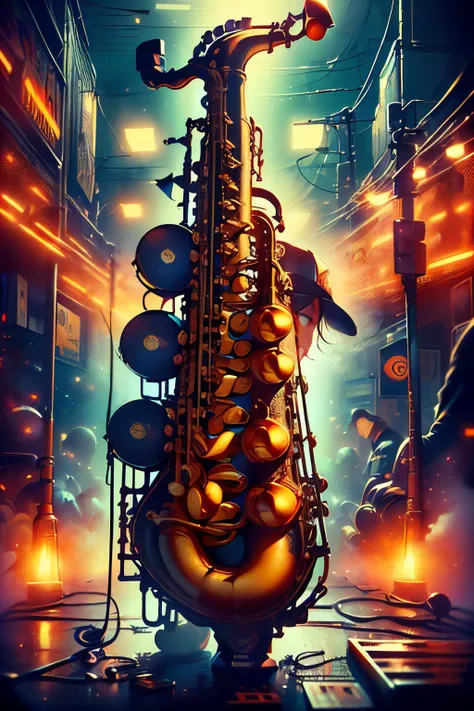 (( City of Music Homage to Saxophonists from around the world , bold with a subtle touch with reference to the 80s and 70s details on the clothing referring to that era , Yamaha Saxophone with bold details and design specific to this guitarist who represen...