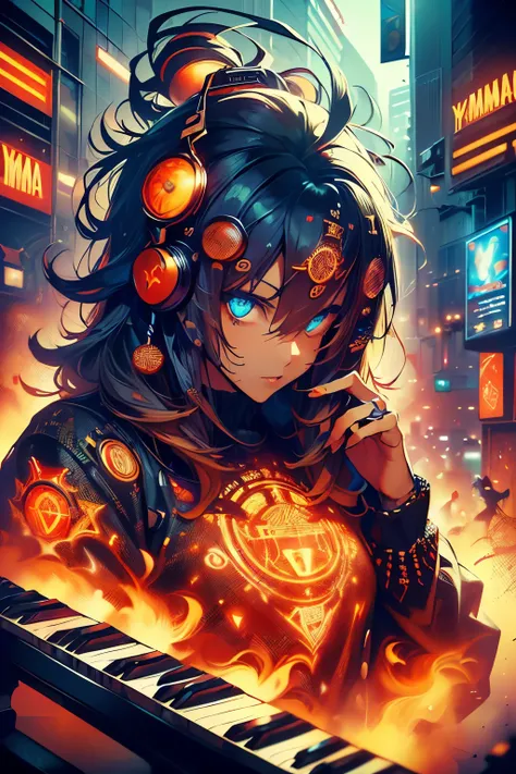 (( City of Music Homage to Pianists from Around the World , bold with a subtle touch with reference to the 80s and 70s details on the clothing referring to that era , Yamaha Piano with bold details and specific design for this guitarist who represents the ...