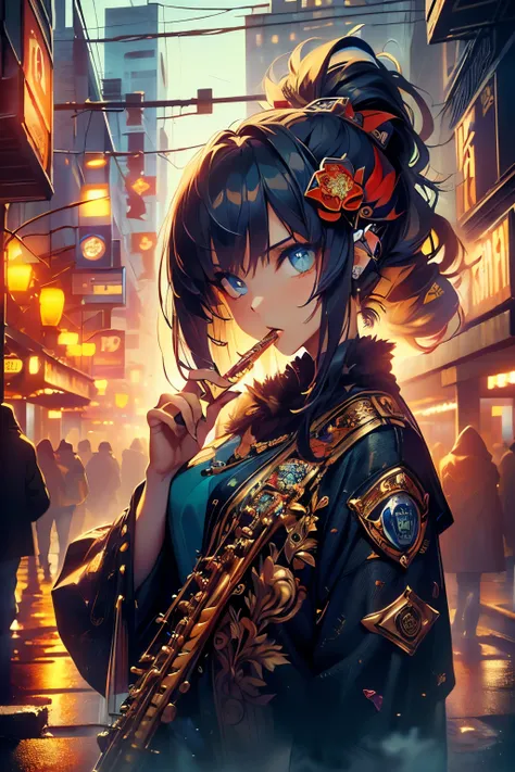 (( City of Music Homage to Flautists from all over the world , bold with a subtle touch with reference to the 80s and 70s details on the clothing referring to that era , Yamaha Flute with bold details and specific design for this Flute that represents the ...