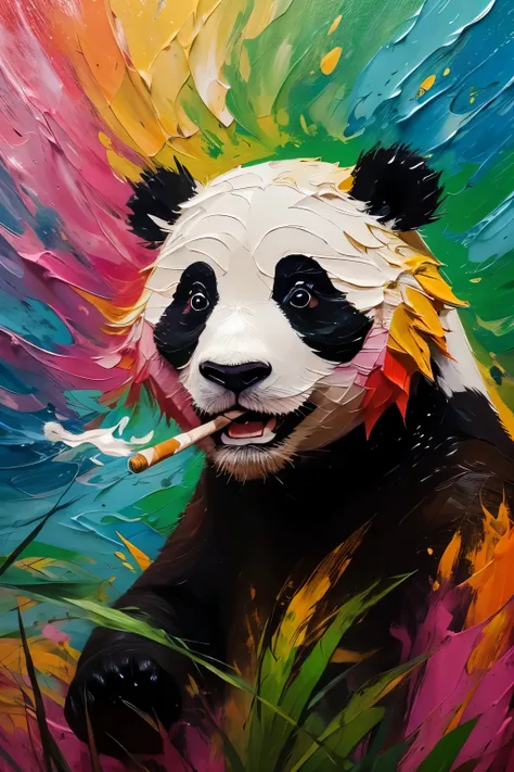 カラフルで抽象的な panda , face close-up, Unrealistic and Brilliant Saturated Colors(orange、pink、green、Yellow、green、red), fantasy style with the whole body painted in bright colors, Heavy Impasto Oil Paintings, Thick Three-dimensional Brushstrokes, Expressive Brush...