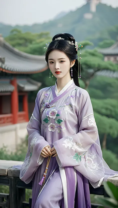 wear style: realistic photography style ,Show a young classical Chinese girl。cute,She wears a purple traditional Chinese costume,The neckline is white,Embellished with exquisite patterns and embroidery on her clothes。wears a purple traditional Chinese cost...