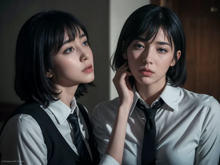 (masterpiece), best quality, expressive eyes, perfect face, himeno, NCIS chainsawman, Aqua eyes, short black hair, Greek Greece woman, nosebleed, (NCIS), wound, investigation background, thighs, depression face begging, slim, sweat, HD, CIA, white bra, hig...
