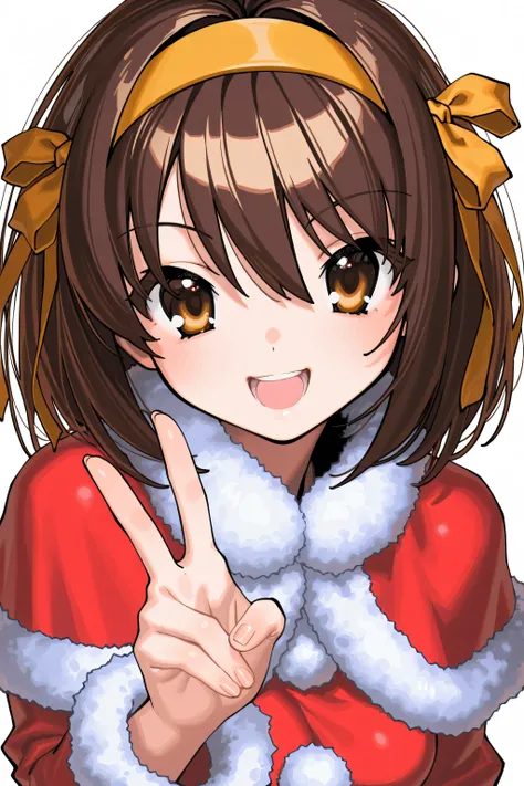 kmj-anonstyle, [artist:yoneyama mai], [artist:kanzarin], [artist: ekrea_jan], masterpiece,best quality,amazing quality, 748cmstyle, solo, eye focus, suzumiya haruhi no yuuutsu, suzumiya haruhi, 1girl, 2000s (style), brown eyes, brown hair, fur trim, hair b...