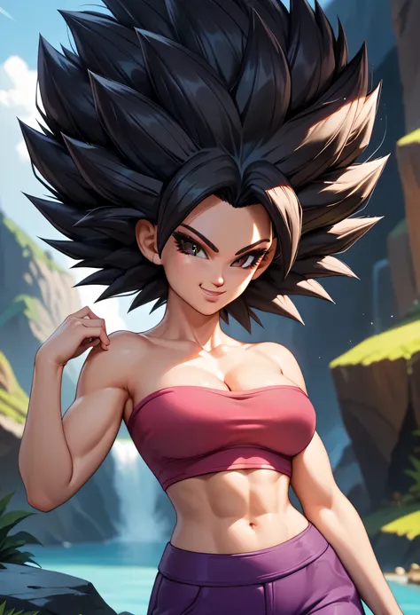 (caulifla), black hair, spiked hair, big hair, black thin eyebrows, brown eyes, black eyeliners, lips, closed smile, collarbone, cleavage, bra shoulders, (pink tube top), navel, midriff, standing, purple pants