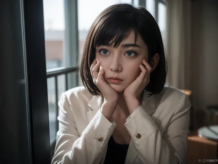 (masterpiece), best quality, expressive eyes, perfect face, himeno, NCIS chainsawman, Aqua eyes, short black hair, Greek Greece woman, nosebleed, (NCIS), wound, investigation background, thighs, depression face begging, slim, sweat, HD, CIA, white bra, hig...