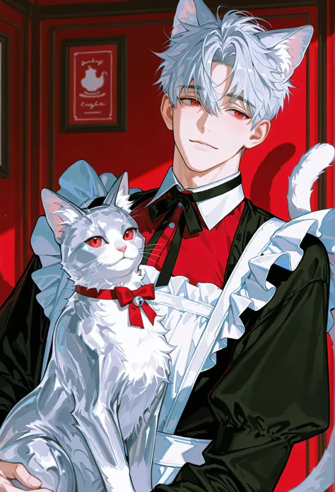 1 male, 28 year old male, handsome, adult, mature, beautiful masterpiece, silver hair, red eyes, short hair, decadent beauty, chic, wearing a choker, wearing a black maid outfit, silver cat ears, silver cat tail, kuudere, alone, the background is a maid ca...