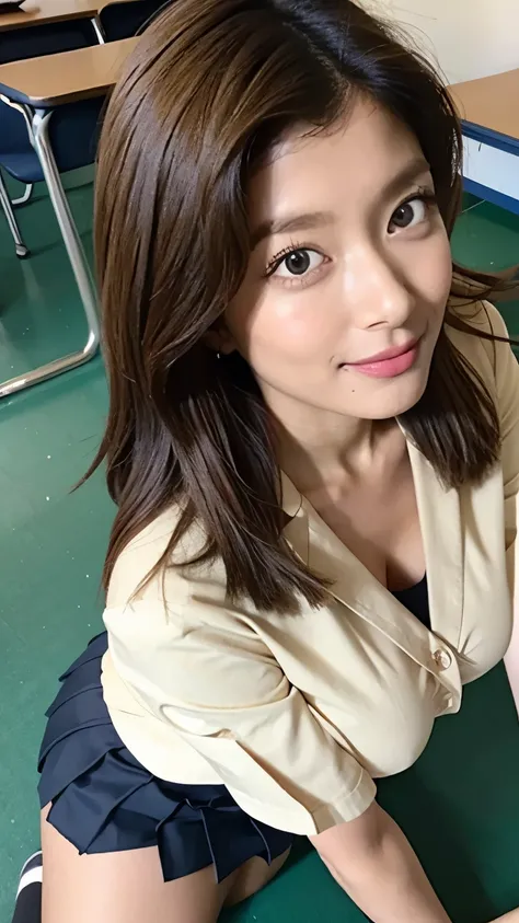 high image quality、selfie、Angle of View from Above、Classroom、Big Breasts、miniskirt、very short skirt、teacher