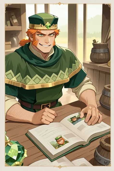line-art, art book, best quality, 1 man, short man, short ginger hair, green eyes, wide sideburns, green hat, tourmaline, leprechaun clothes, evil leprechaun