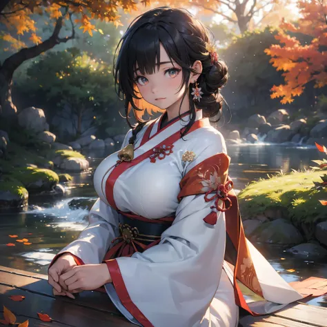a beautiful miko girl with large breasts in an autumn landscape, fallen leaves swirling around her, cinematic lighting, traditional japanese garden, detailed textures, (best quality,4k,8k,highres,masterpiece:1.2), ultra-detailed, (realistic,photorealistic,...