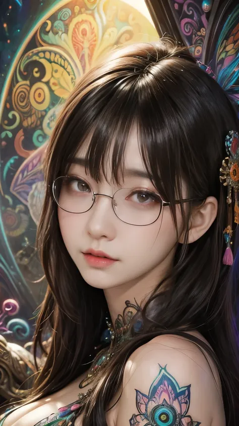 woman body、Saturated colors、Dark colors、psychedelic image、lsd、mandalas、fractral、mystical、Detailed Detailing、Psychedelic painting of a woman with large breasts, サイケデリックなgoddess, DMT Art, DMTgoddess, Visionary artistic style, Psychedelic Art style, 3d, godde...