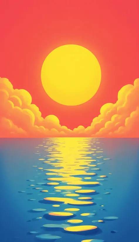 MINIMALIST radiant VECTOR flat sunrise against a dramatic red and yellow sky,  enhancing the natural feel. The BLUE water glistens with hues of PINK and orange,capturing the beauty of a serene sunrise. A vibrant and colorful scene featuring a illustrator d...