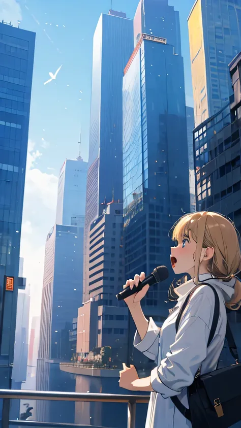 1 girl on break day singing a song Around town note skyscrapers Future City
