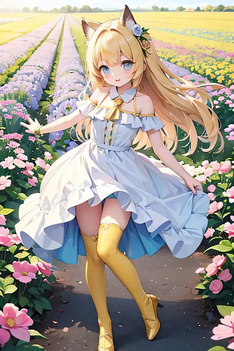 1 girl、golden hair、 hair is long、 hairstyle is a side tail、clothes with shoulders sticking out、Dress style clothes、Yellow Shoes、White Stockings、full of energy、Eye color is light blue、The background is a flower field、Highest Quality
