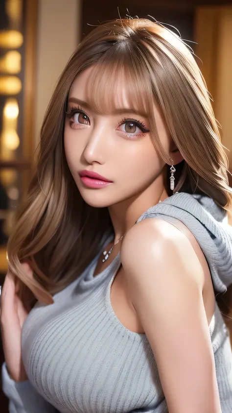 ( cowboy shooting 、 top quality 、8k、 Award-winning work 、 super high definition )、 beautiful woman under hoodie、( I'm showing off my perfect body with my Virgin Killer sweater , SeXy Breasts:1.1)、 Beautiful shiny lips , Shine Glitter Lip Gl...